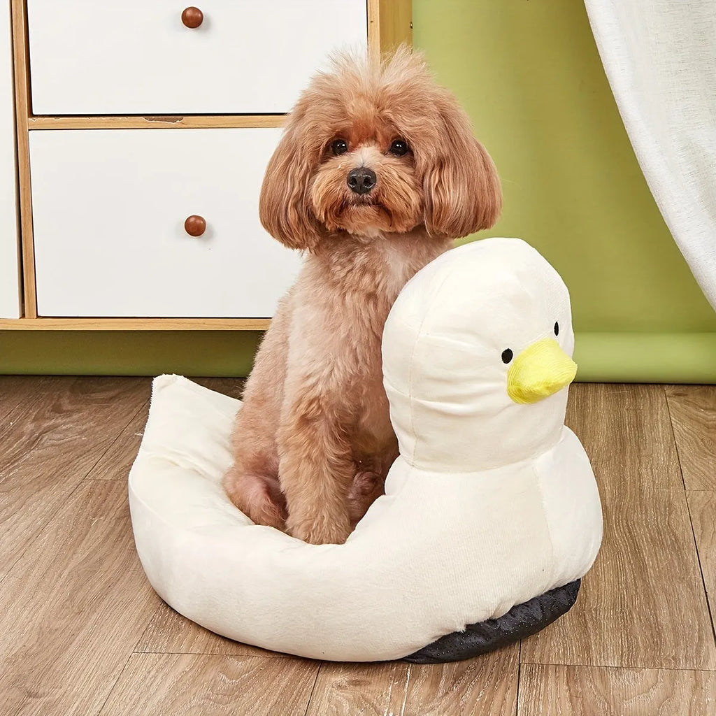 Blue duck-shaped fluffy pet bed for small dogs and cats with unique pattern