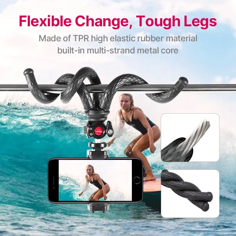Black octopus-style flexible tripod with phone clip, extended to 360mm.