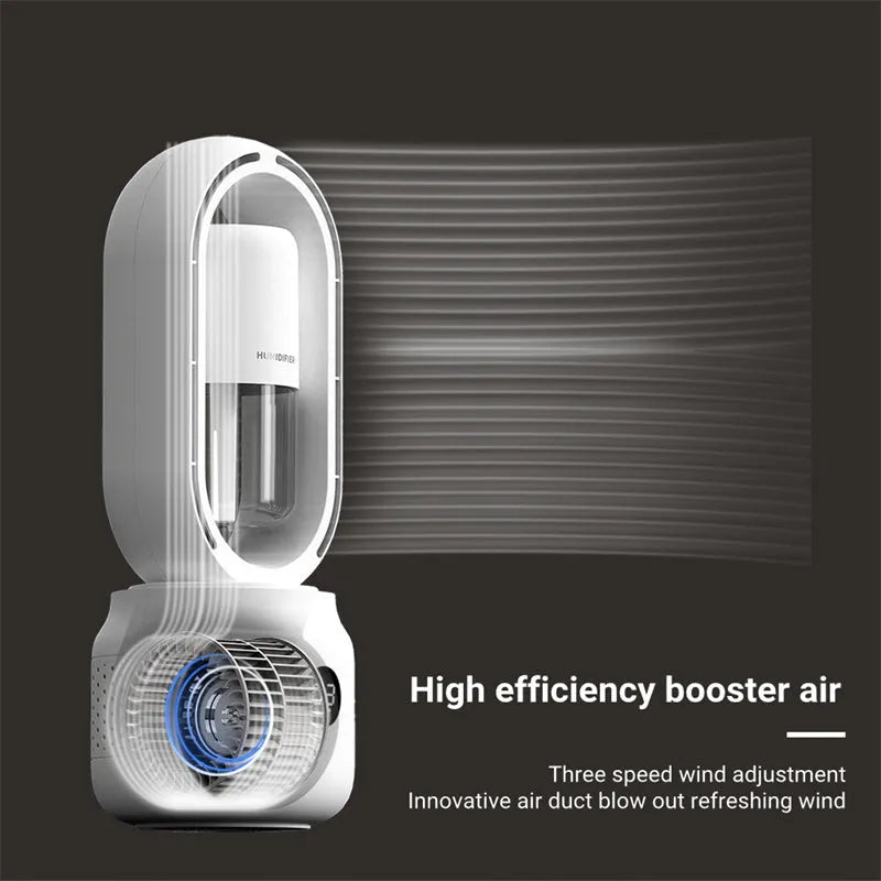 White bladeless table fan with water tank and USB port on a wooden desk.