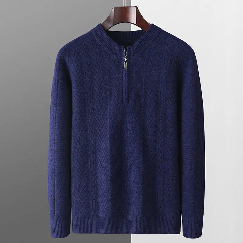 Men's pure wool diamond lattice pattern half-zip loose fit sweater in light camel colour