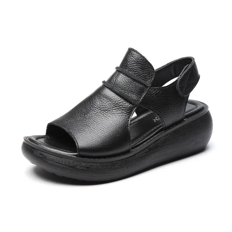Peep toe women's casual sandals in cowhide leather with raised bottom sole, fish mouth toe, low top, black colour
