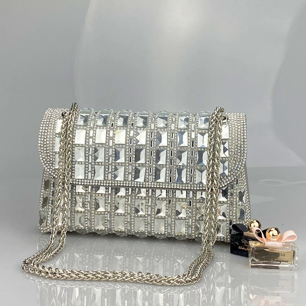 Shiny glass rhinestone chain clutch bag with dedicated phone compartment in retro style
