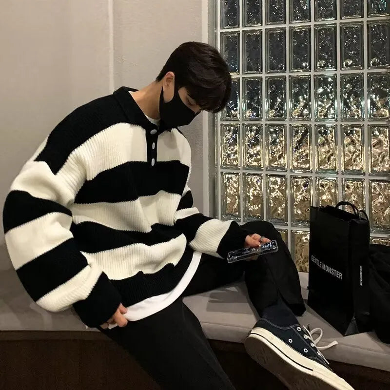 Men's loose fit striped pullover sweater coat in black or grey with long sleeves