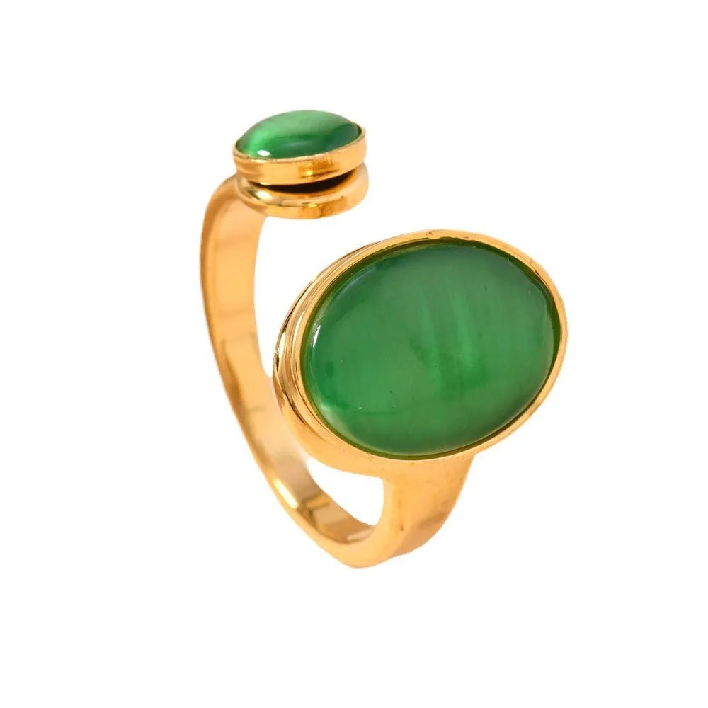 Oval natural stone ring on stainless steel band, geometric design, free size, green and white blue colour options