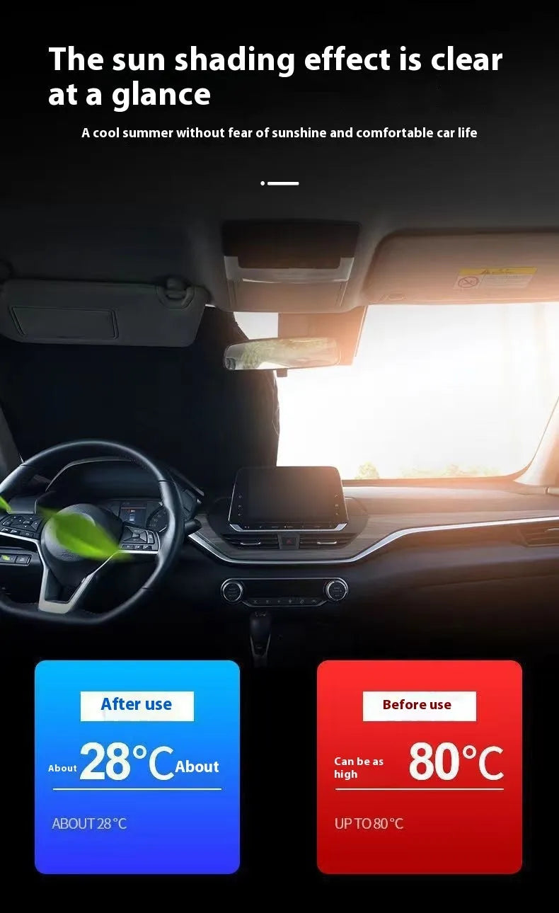 Titanium silver aluminium foil car windscreen sunshade unfolded on a dashboard.