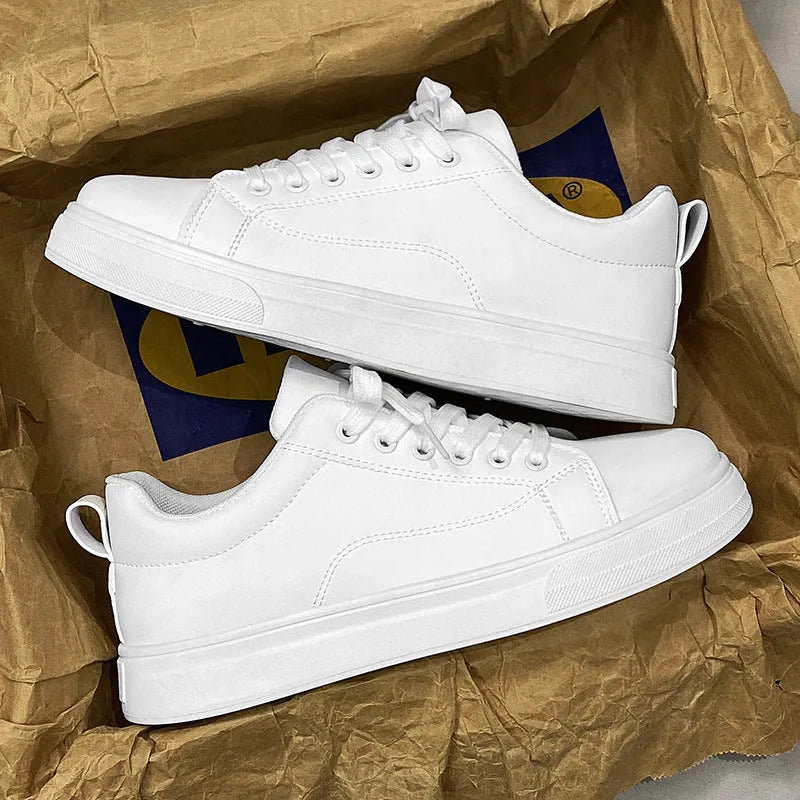 Men's low-top casual sneakers in white, black, and black with white bottom colour options.