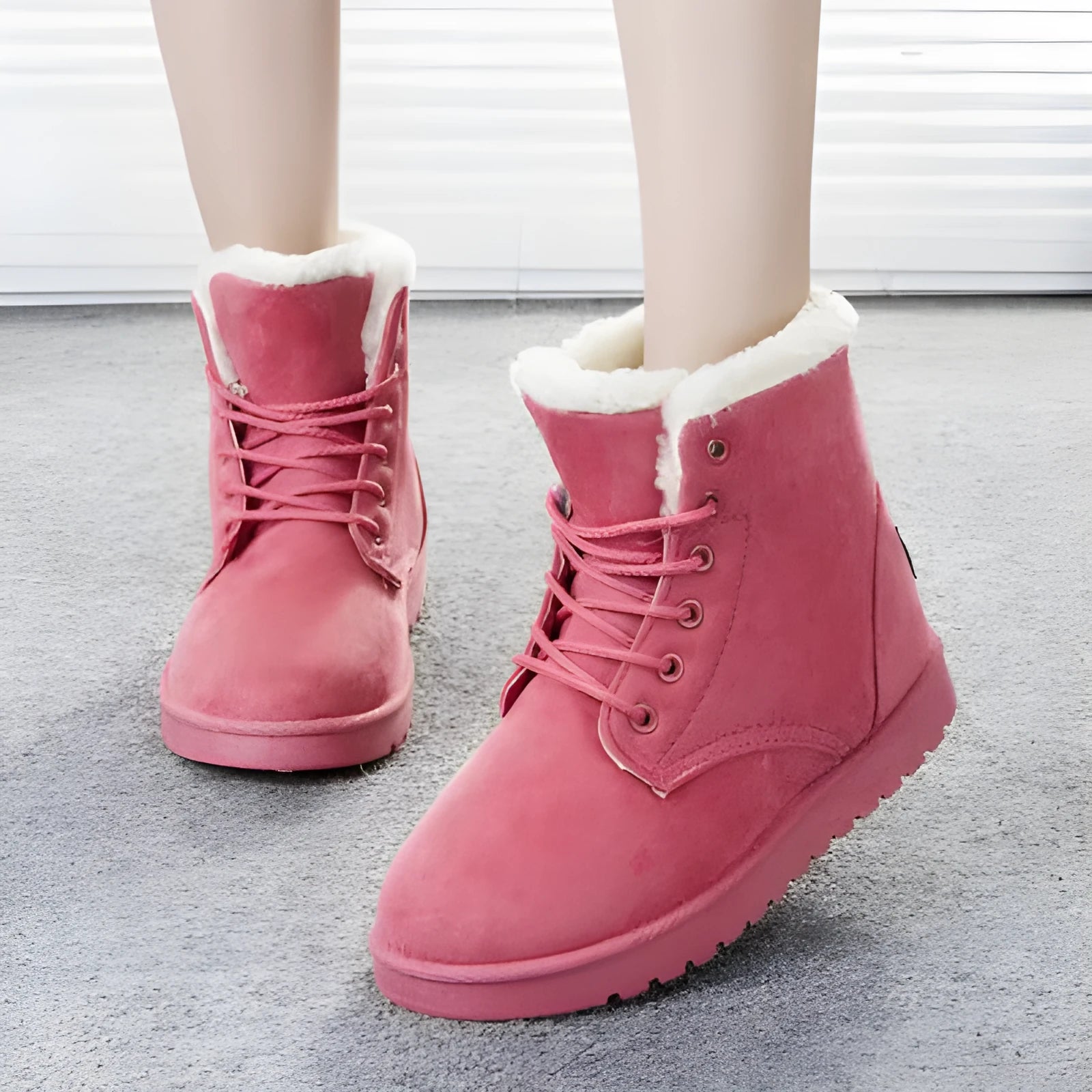 Women's lace up platform snow boots in suede with faux fur lining, flat heel, round toe, available in multiple colours