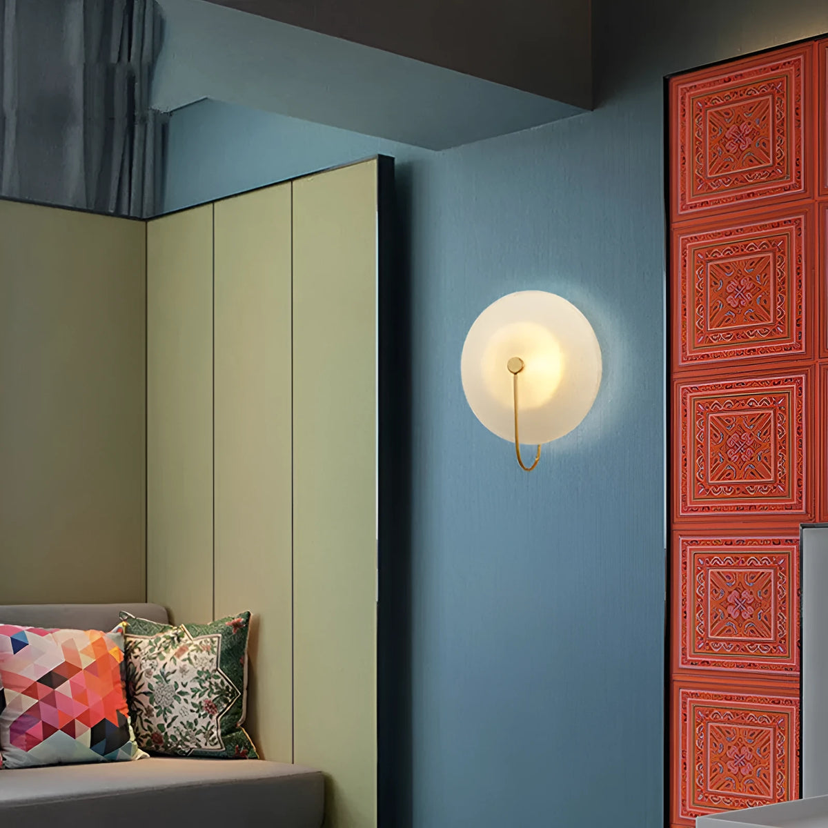 Round glass wall lamp in gold finish with glass shade and iron body for bedside or aisle lighting