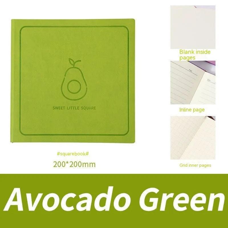 Square faux leather notebook with mesh cover, shown open on blank, checkered, and lined page options.
