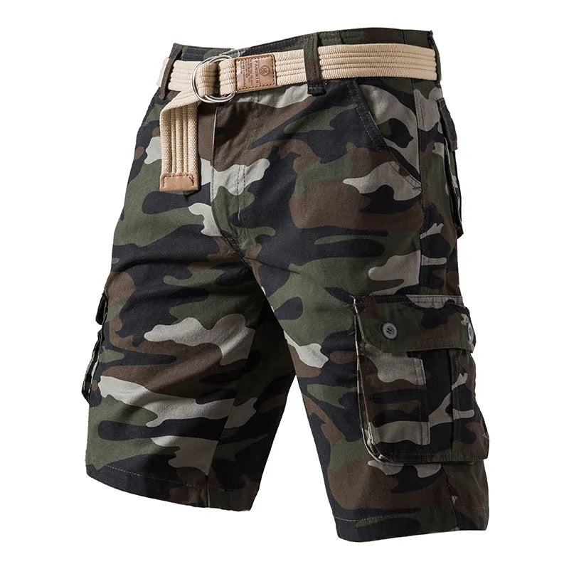 Men's pure cotton camouflage shorts in black and white, fifth-pant length, mid-waist straight-leg cut