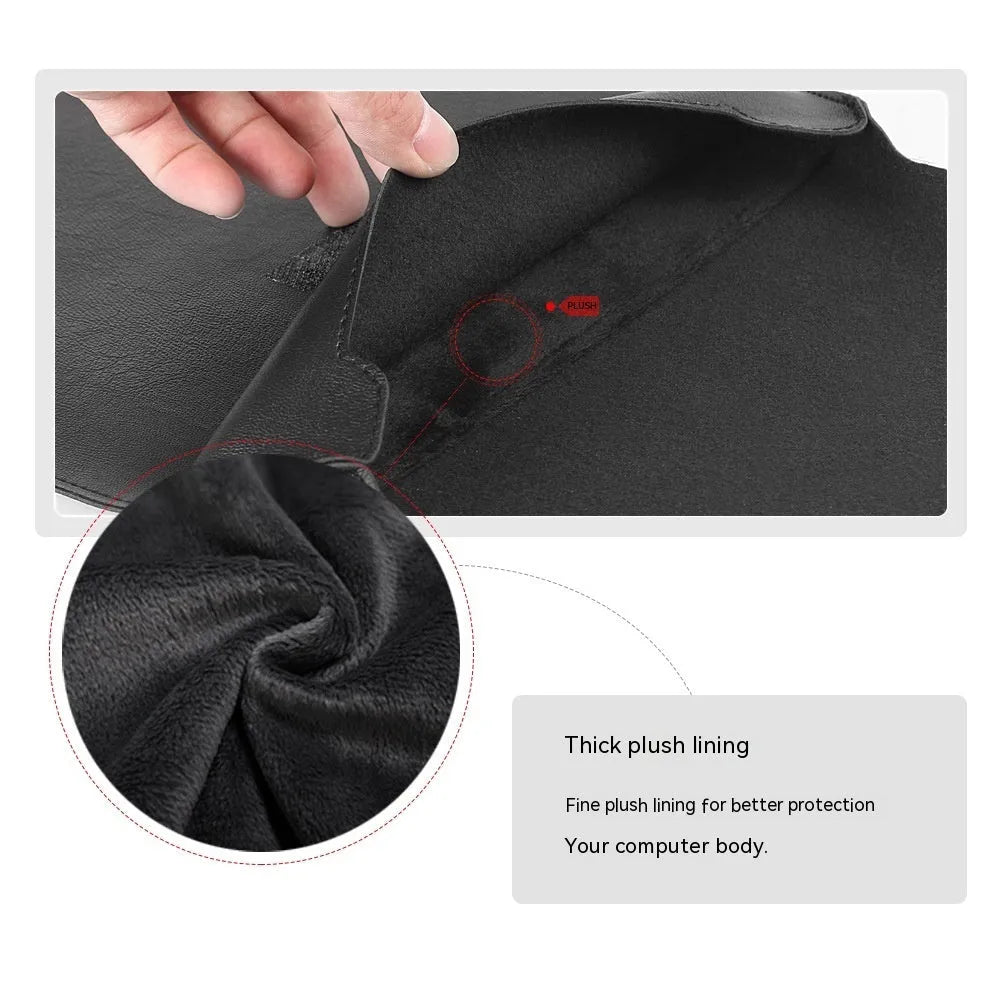Imitation leather laptop protective sleeve in black with plush interior lining