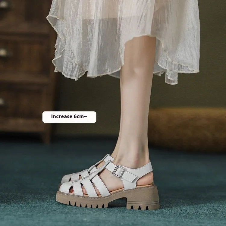 Women's beige retro platform sandals with chunky rubber sole and buckle closure.