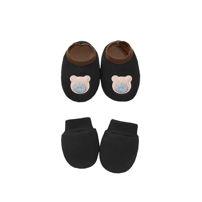 Cotton baby gloves and foot cover set in multiple colours including light blue, navy blue, pink, and camel