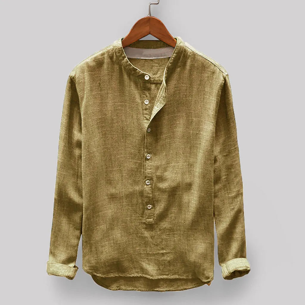 Men's solid colour casual cotton-linen shirt on a hanger, showing colour options of dark blue, grey, yellow, green, and khaki.