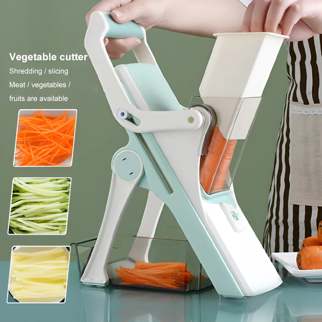 Multifunctional vegetable cutter in orange with adjustable slicing thickness and fold-down design, 32x12x6.3cm