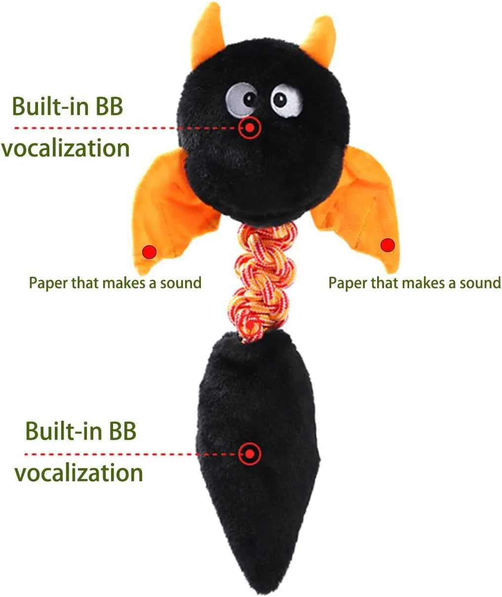Large black, green, or red plush dog toy with cartoon design, squeaker, and rope knot.