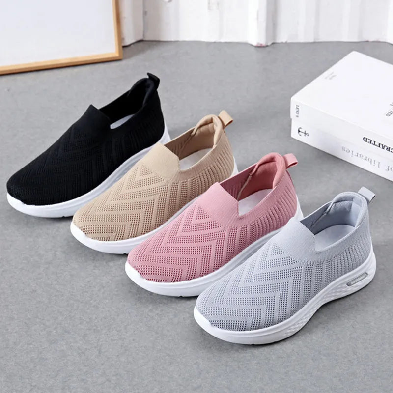 Women's casual mesh slip-on shoes, breathable sock style, soft plastic sole, available in black grey khaki pink