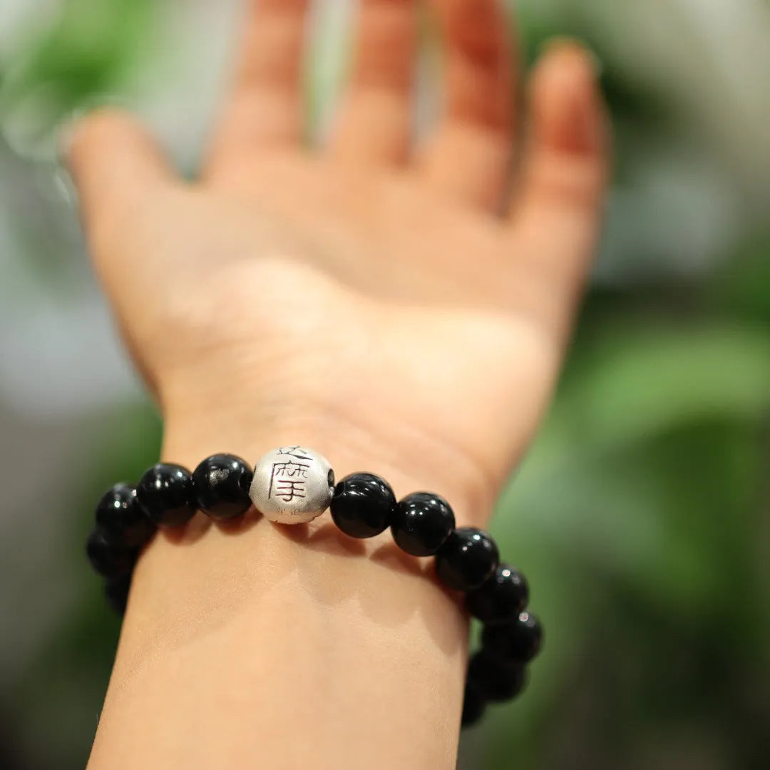 Black agate and sterling silver bracelet with 10mm beads and Chinese style design
