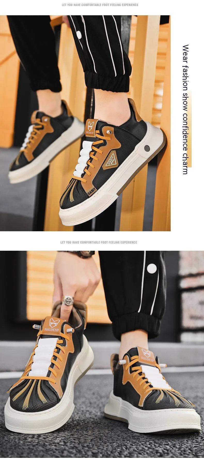Men's beige and black casual sneakers with mesh lining and elastic band closure