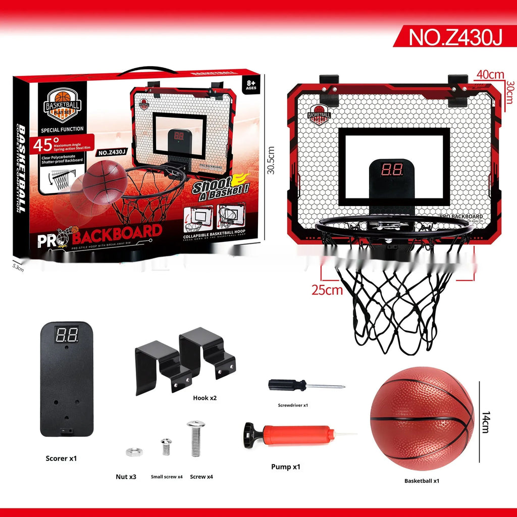 Red and blue folding basketball frame with suction cups and hook on a 400x300mm panel.