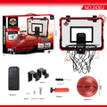 Red and blue folding basketball frame with suction cups and hook on a 400x300mm panel.