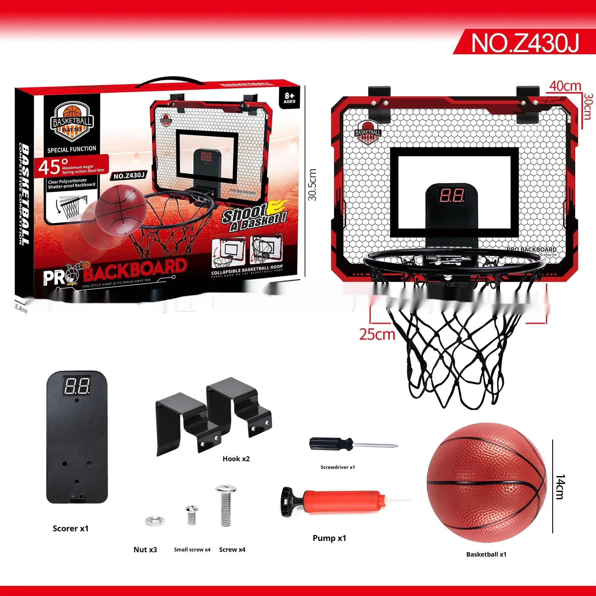 Red and blue folding basketball frame with suction cups and hook on a 400x300mm panel.