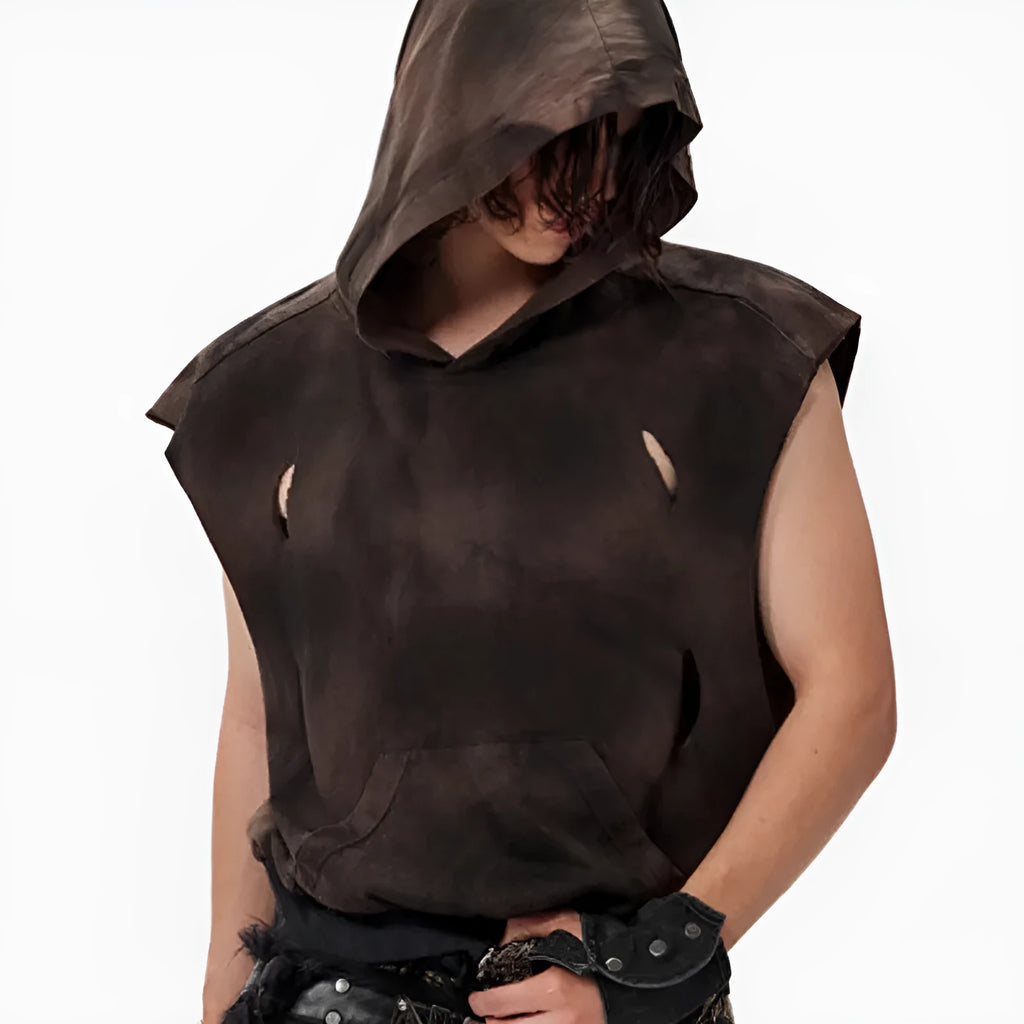 Khaki coloured sleeveless cotton hooded vest on a hanger