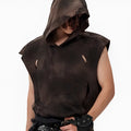 Khaki coloured sleeveless cotton hooded vest on a hanger