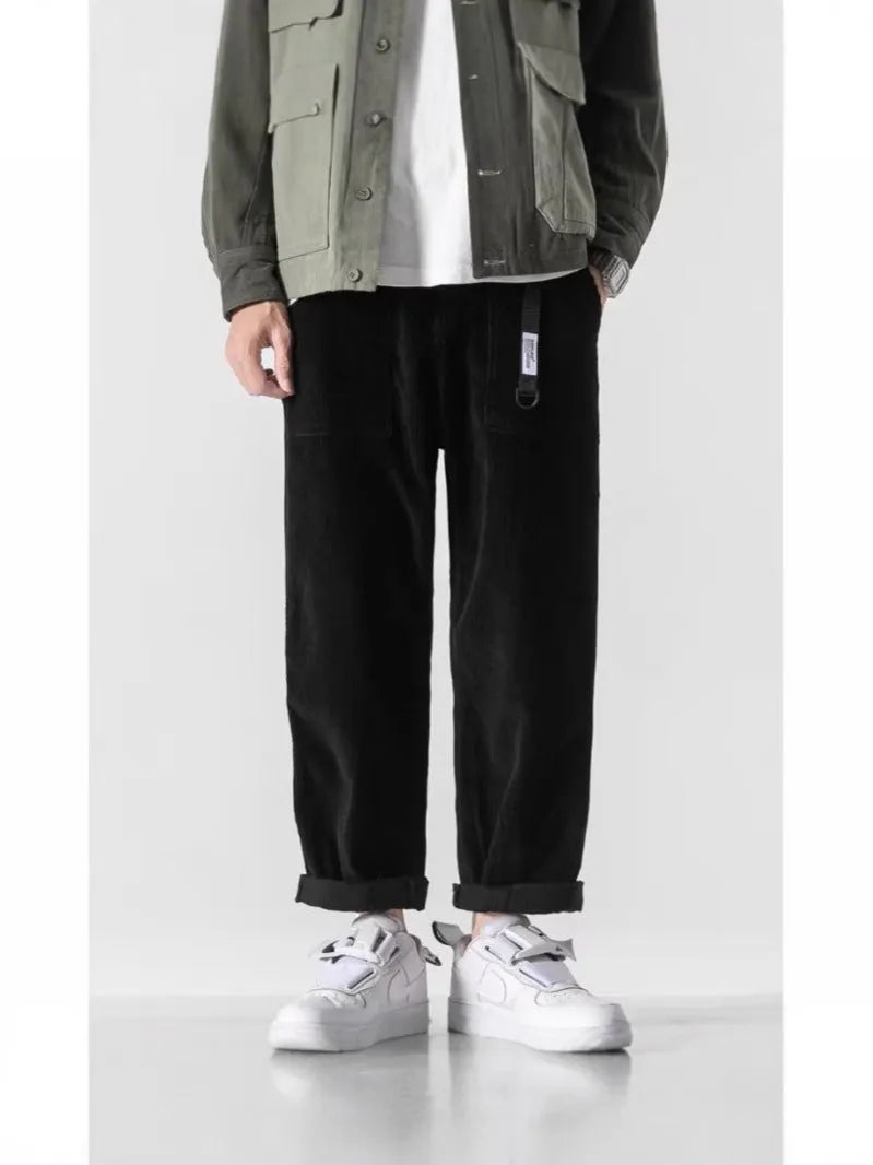 Loose straight tapered trousers in chemical fibre blend fabric, available in multiple sizes and colours
