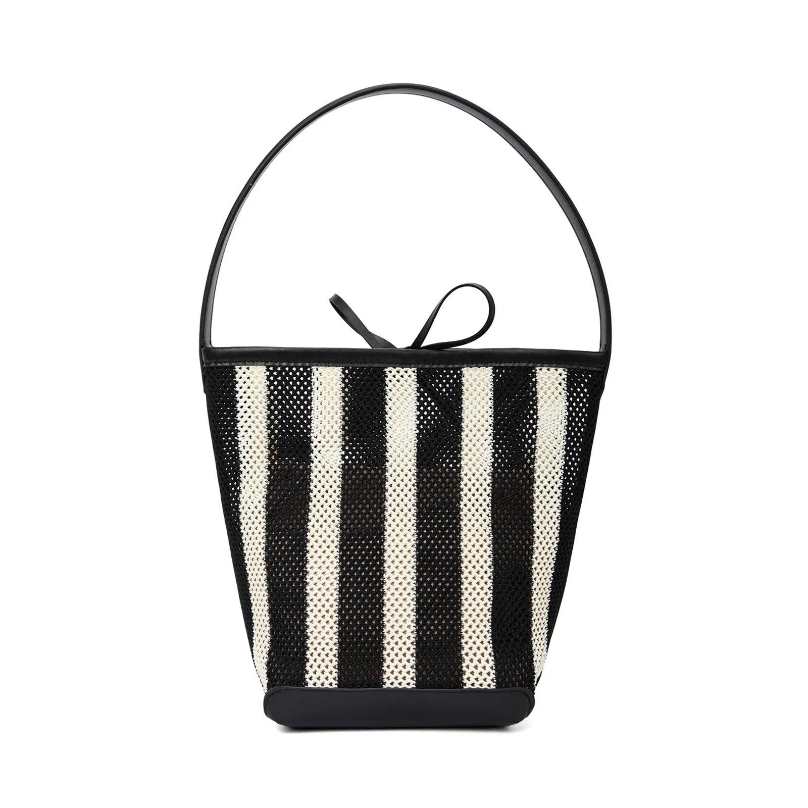 Black and white striped woven shoulder bag with bucket shape showing dimensions