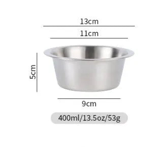Silver stainless steel pet drinking bowl with wide opening, suitable for dogs and cats, large capacity option