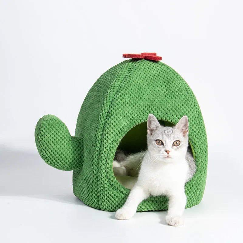 Dark green cactus-themed enclosed pet bed with removable cushion for cats and small dogs