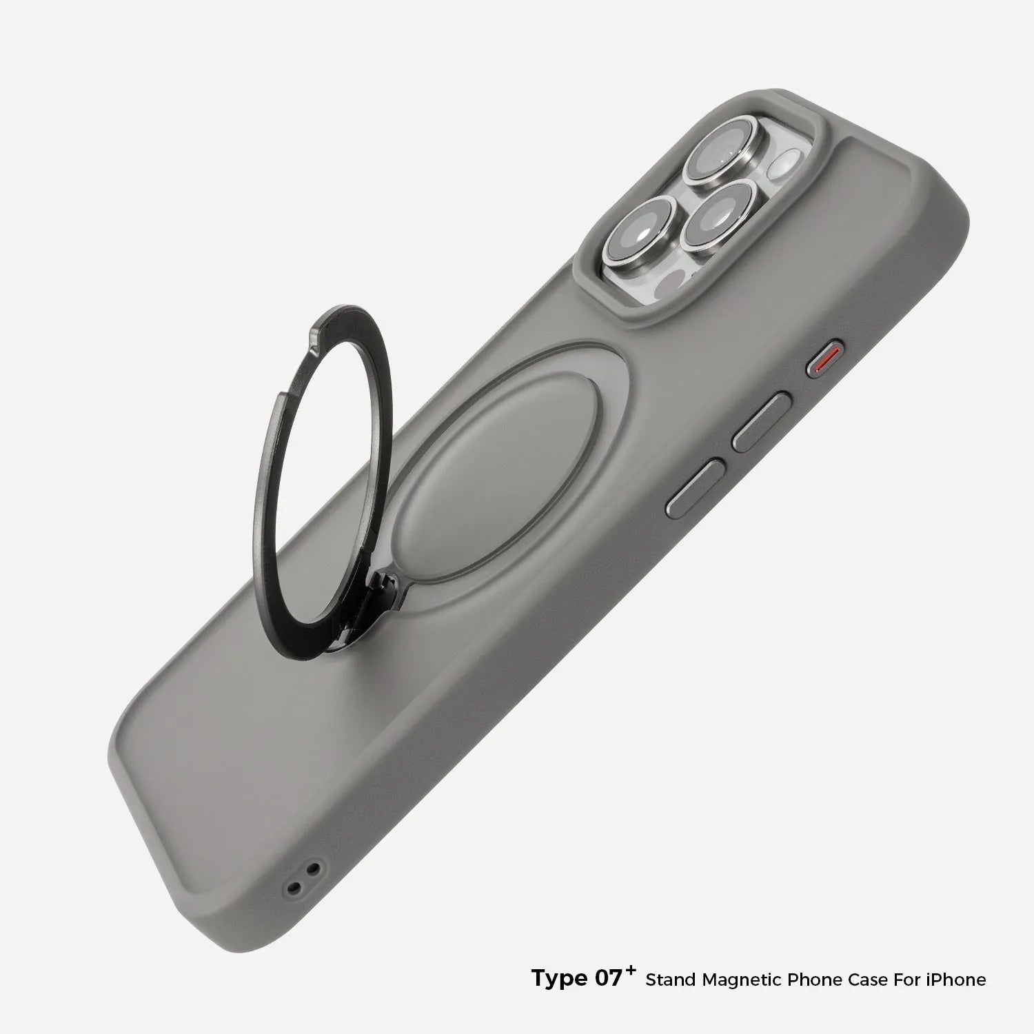 Magnetic rotating fulcrum phone case for Apple iPhone with 360-degree bracket in titanium grey on white background