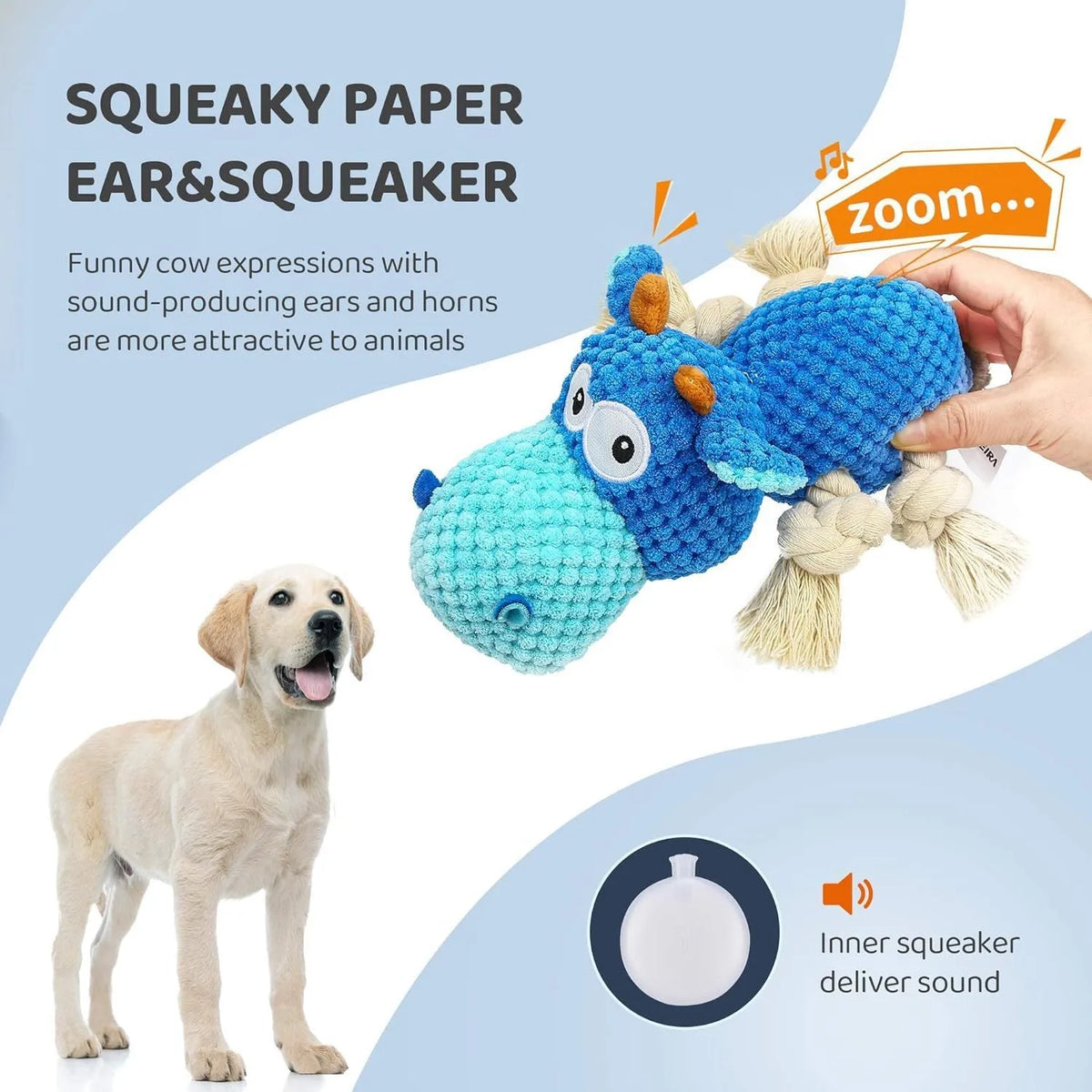 Blue plush dog toy for aggressive chewers with reinforced seams and squeaker