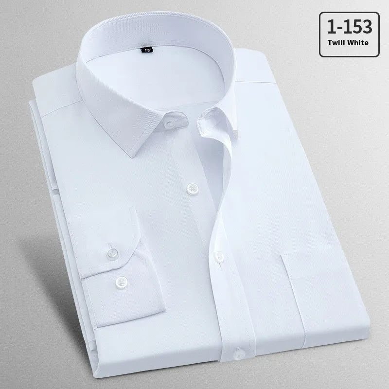 Men's long sleeve white linen business shirt with button front and classic collar