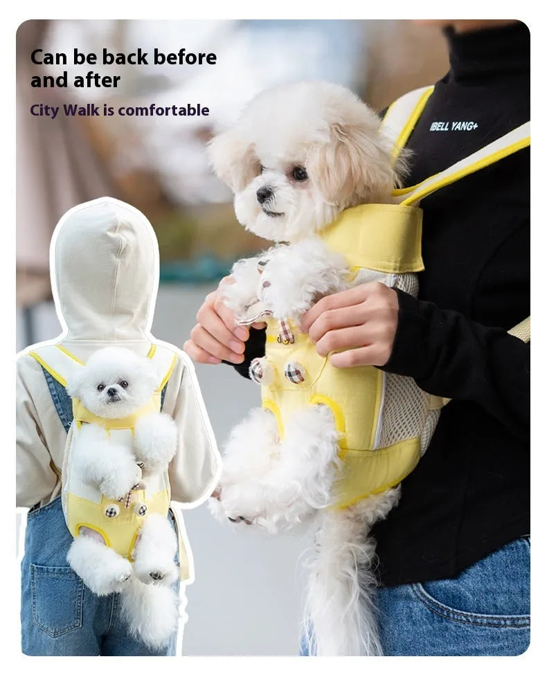 Cartoon canvas chest pet carrier bag in Beka yellow bear with ribbon trim, front view