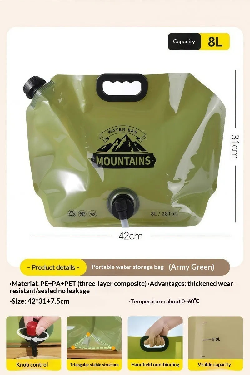 Outdoor water storage bag thickened car portable 8L capacity waterproof fabric for hiking camping