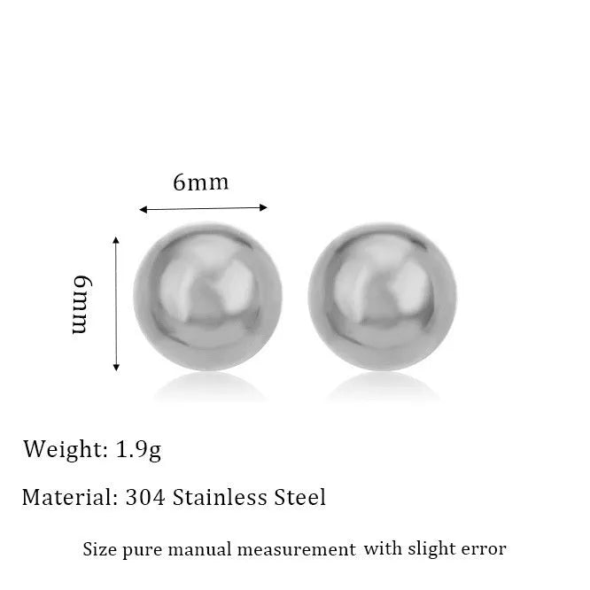 Titanium steel ball stud earrings in round geometric shape, available in 3mm to 6mm diameters with gold or silver electroplated finish