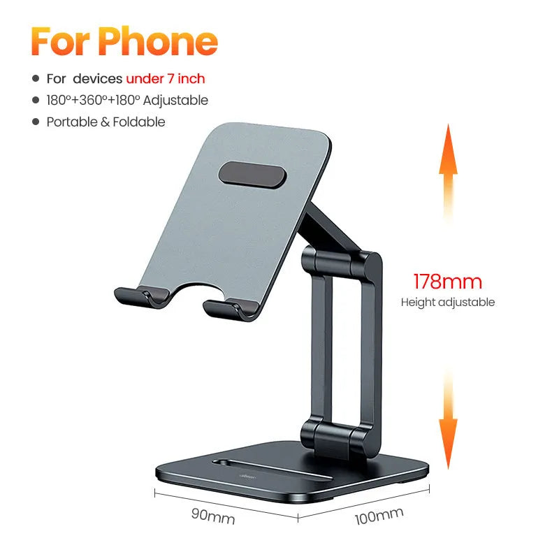 Deep space grey aluminium folding stand holding a tablet at an angle.