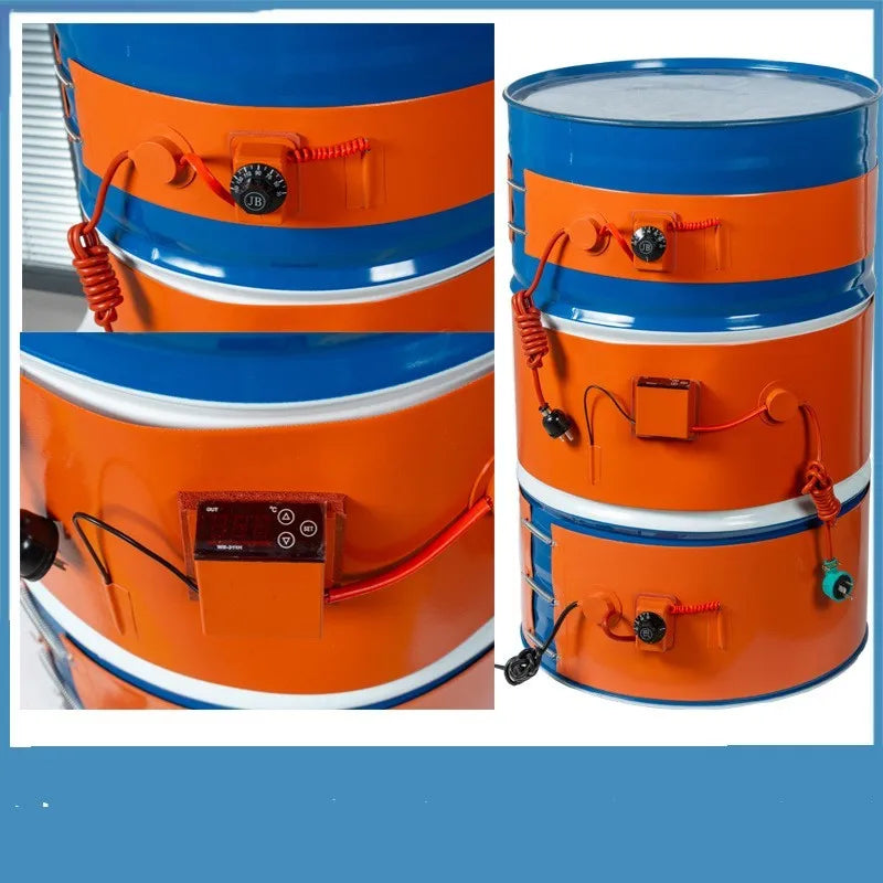 Silicone rubber heating belt wrapped around a 200-litre oil drum with digital display control
