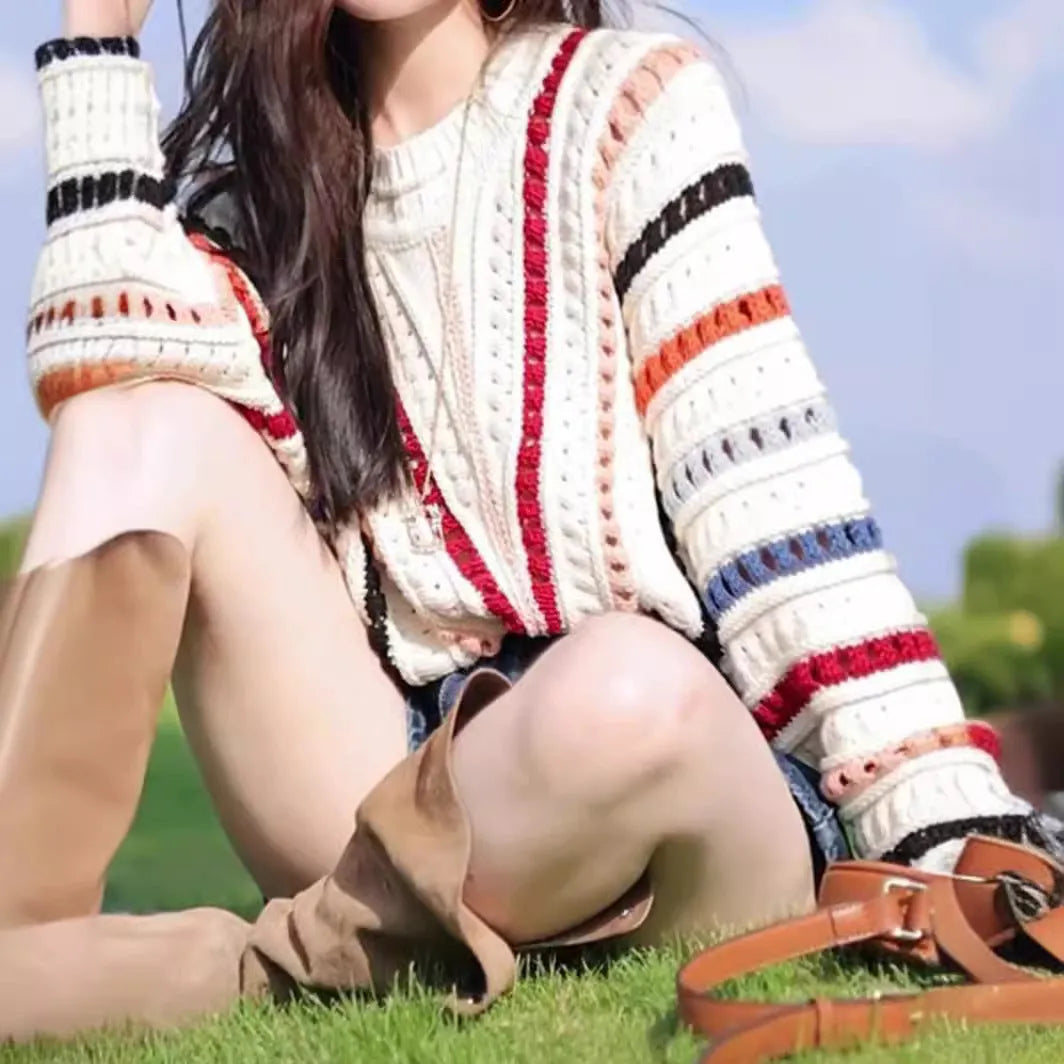 Rainbow striped loose fit sweater with batwing sleeves and round neck in retro colours