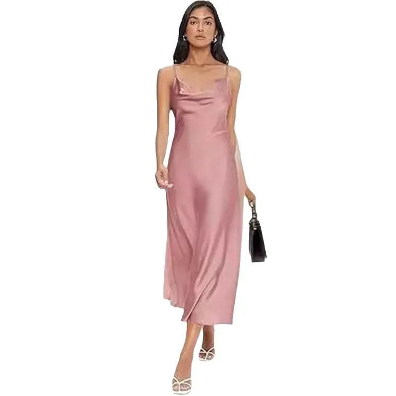 Strap satin open back dress in polyester, sleeveless, wide waist, available in red.