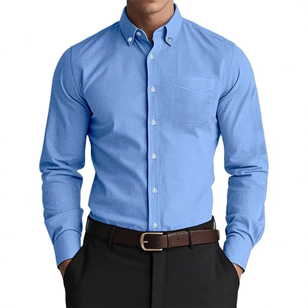 Men's Oxford pure colour casual loose shirt in linen cotton blend, cardigan style, solid colour, relaxed fit for work
