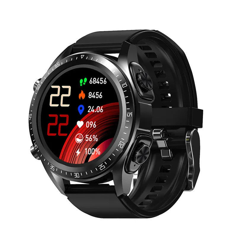 Black smart watch with blood pressure monitor on a silicone wrist strap, showing a 1.28-inch screen.