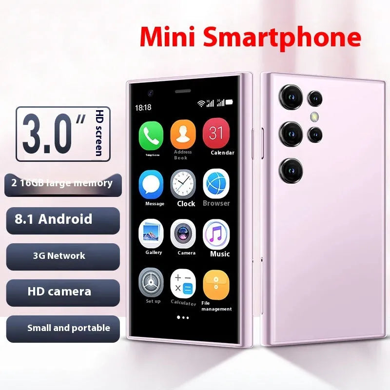 Mini Android smartphone with 3.0-inch screen in black, green or pink purple colours showing quad-core processor and 3G/WIFI connectivity