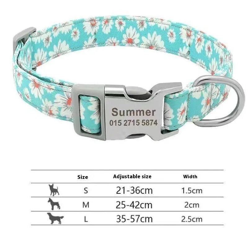 Striped canvas dog collar with semi-metal buckle in bohemian blue colour with adjustable sizing.