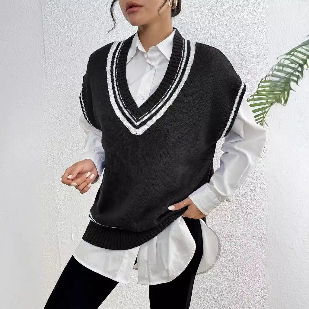 Women's loose fit college style wool vest sweater in black, blue, and coffee colour options
