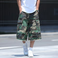American retro workwear camouflage shorts with polyurethane trim in loose-fit cropped design