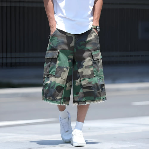 American retro workwear camouflage shorts with polyurethane trim in loose-fit cropped design