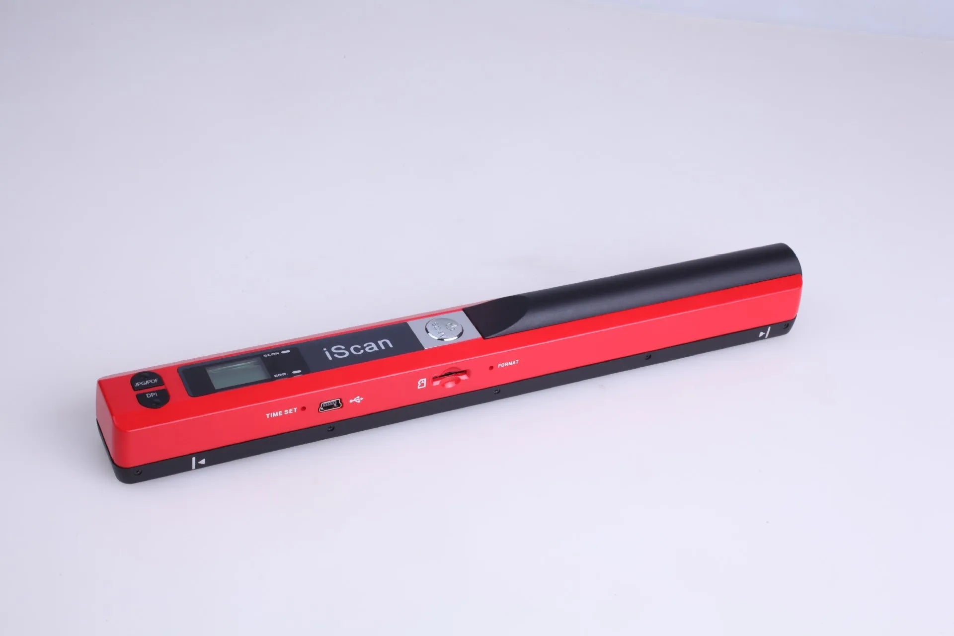 A handheld plastic scanner shown in five colour options: black, blue, green, red, and silver.